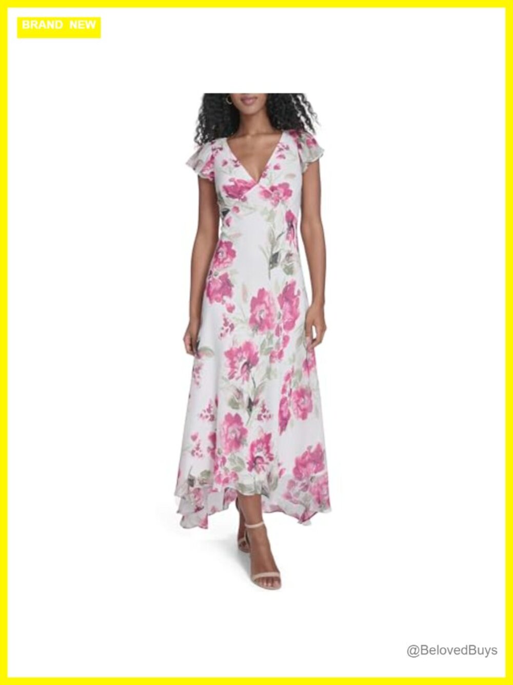 Flutter Sleeve Chiffon Floral Aline Midi Dress V-Neck